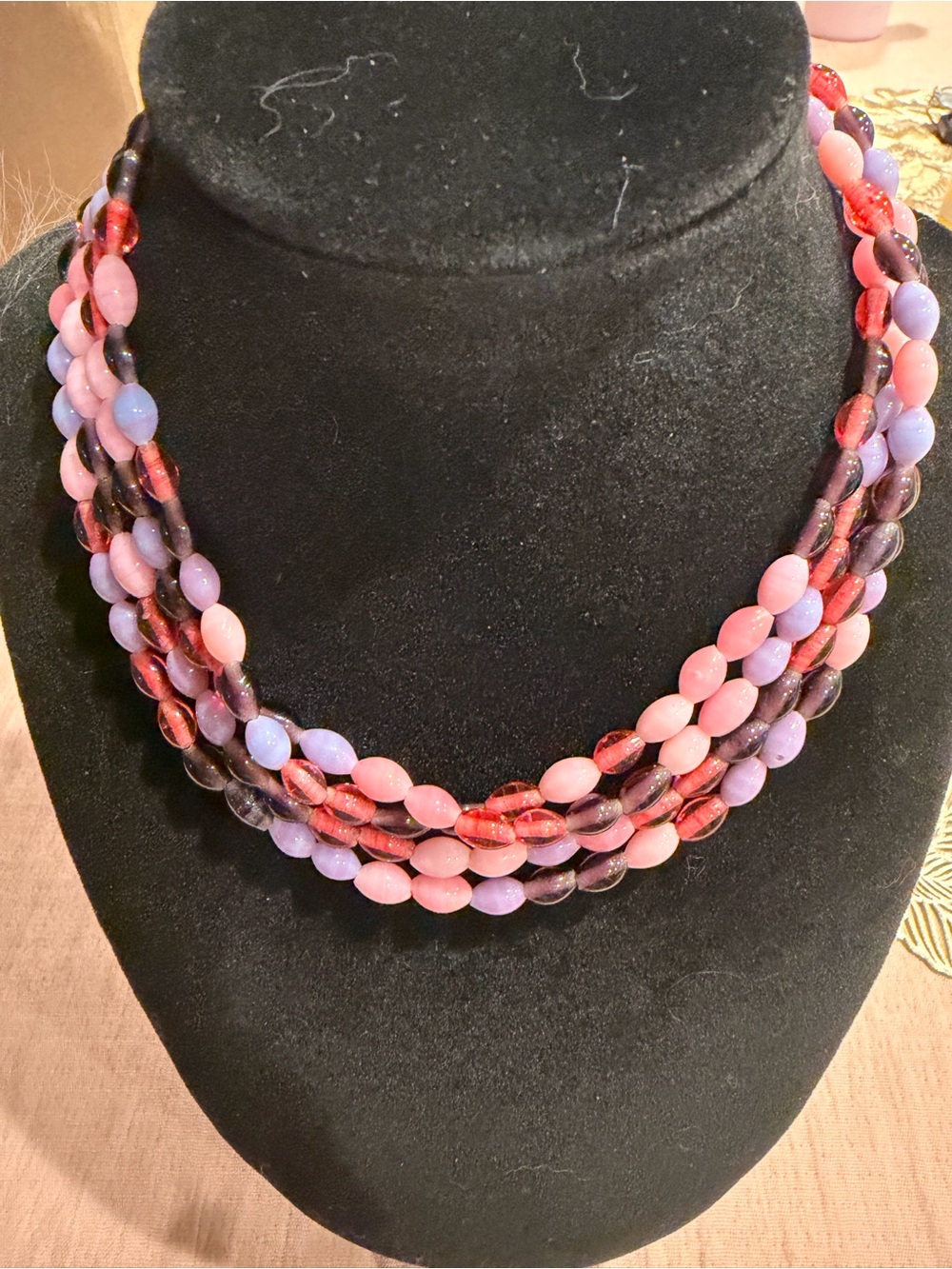 Glass Multi-Strand Pink & Lavender Beaded Necklace